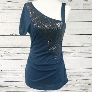 Studio Y Blue and Black Sequin one sleeve blouse
